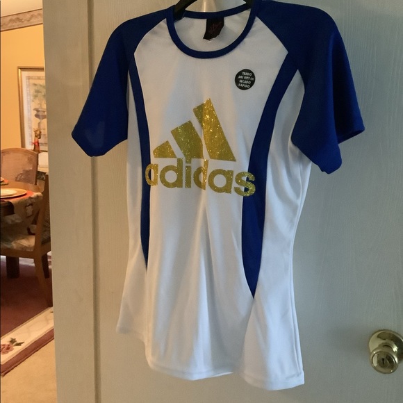 Adidas top stretchy royal blue and white top with gold sparkles . Nice look - Picture 4 of 9